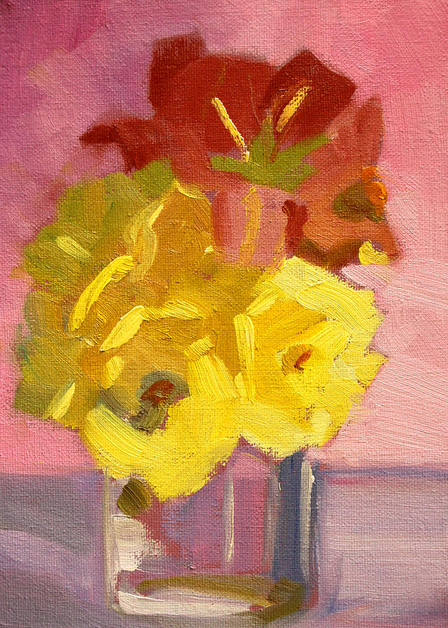 Yellow Roses 2 Still Life Painting Painting by Nancy Merkle