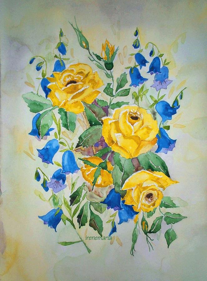 Roses Flowers Painting - Yellow Roses and Blue Bells by Irenemaria