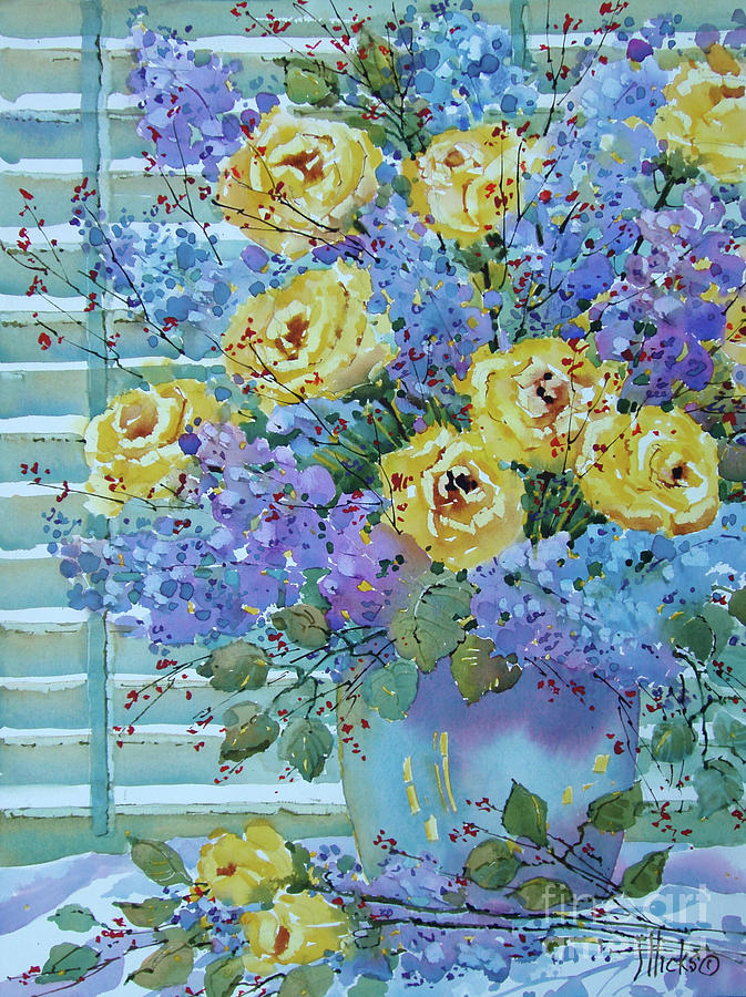 Yellow Roses and Lilacs Painting by Joyce Hicks