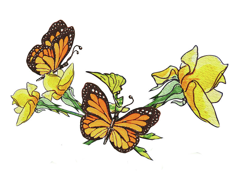 Yellow Roses And Monarch Butterflies Painting by Irina Sztukowski
