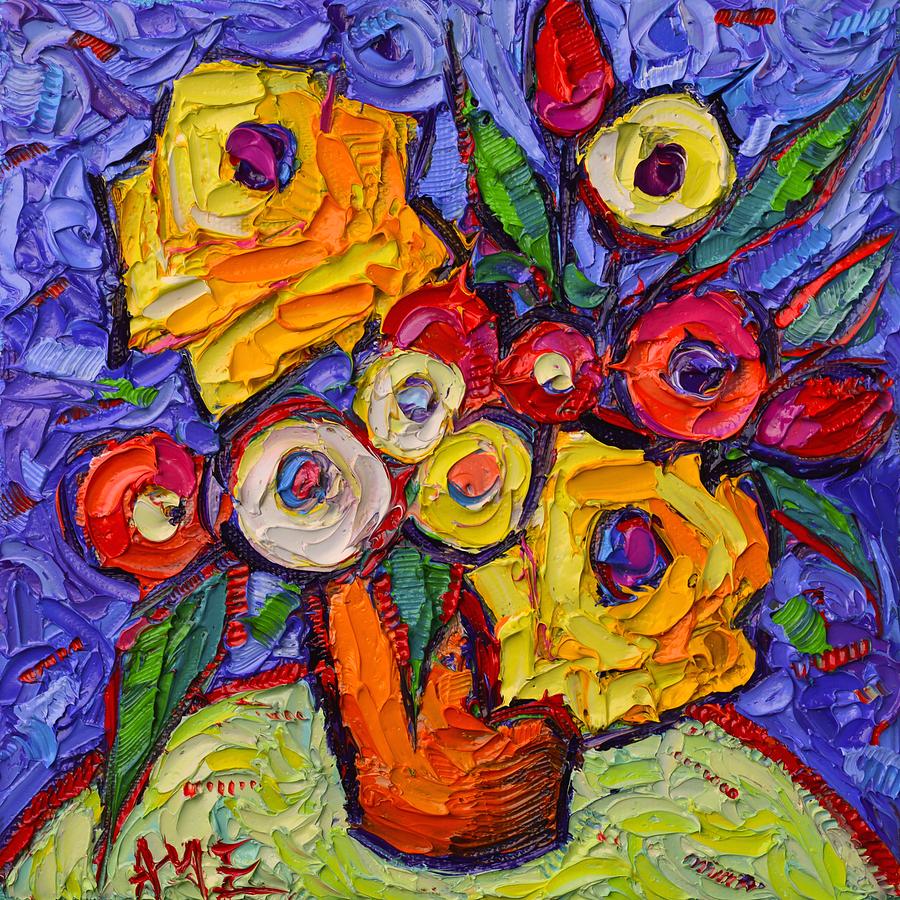 YELLOW ROSES AND WILDFLOWERS abstract impressionist impasto knife oil painting by ANA MARIA EDULESCU Painting by Ana Maria Edulescu