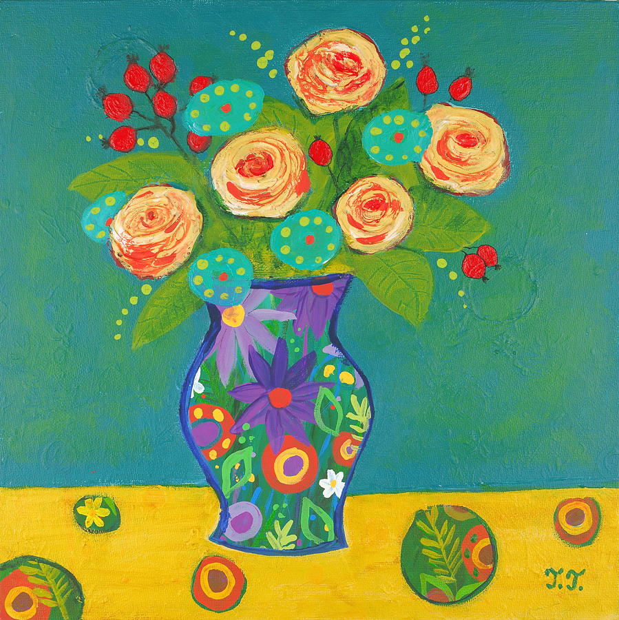 Yellow Roses in a Colourful Vase Painting by Teodora Totorean