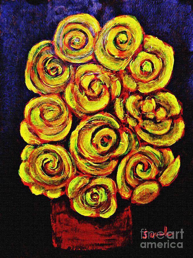 Flower Painting - Yellow Roses in a Red Vase by Sarah Loft
