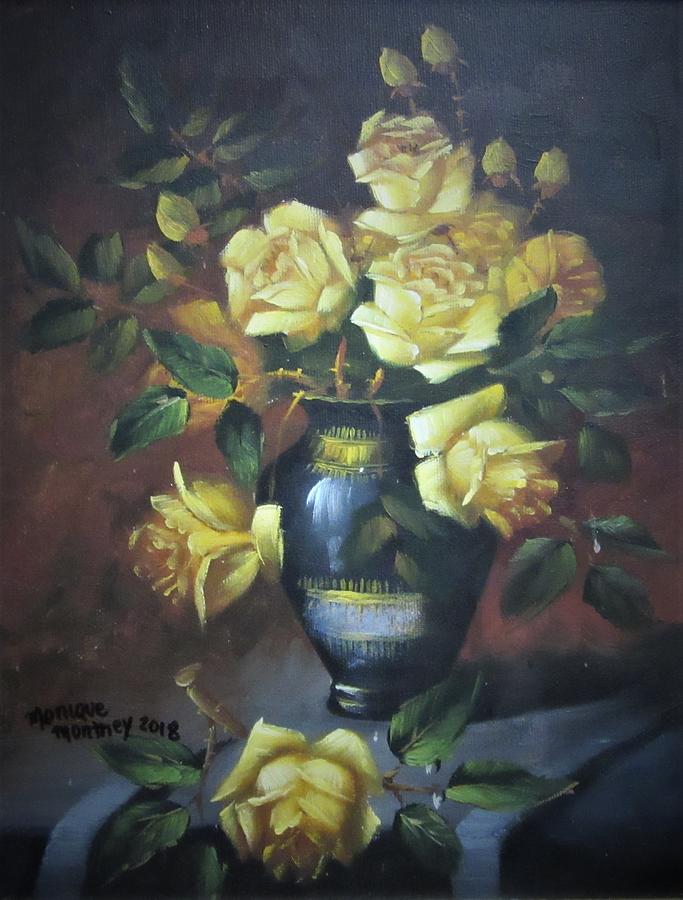 Yellow Roses In Blue Vase Painting By Monique Montney