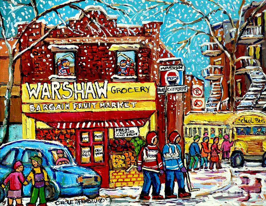 Yellow School Bus Painting Warshaw Fruit Market Rue Cuthbert Montreal Memoriessnowy Day Canadian Art Painting by Carole Spandau