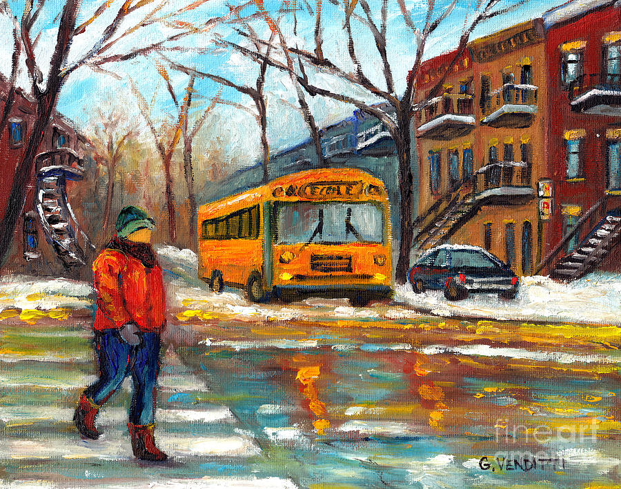 Yellow School Bus Rue St Viateur Plateau Montreal Street Scene For Sale Painting by Grace Venditti