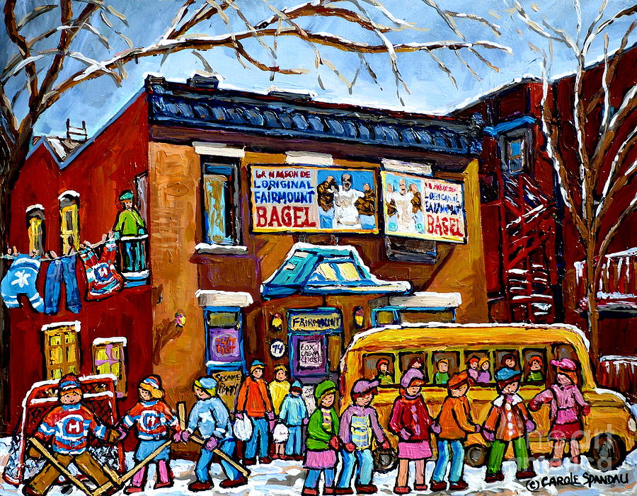 Yellow School Bus Painting Fairmount Bagel Montreal Memories Canadian Winters Kids Playing Hockey Painting by Carole Spandau