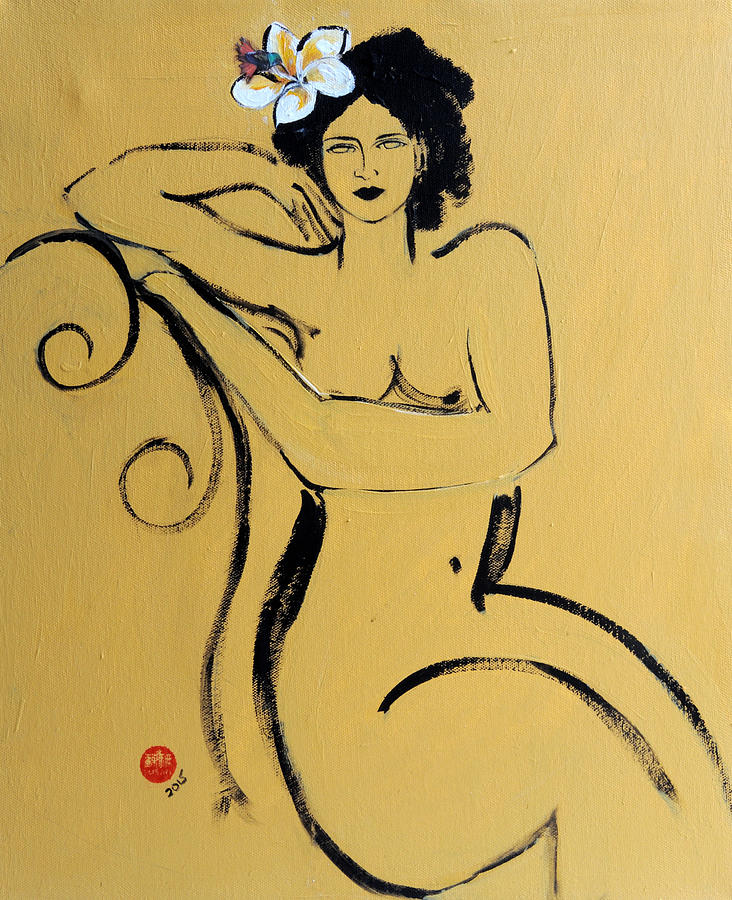 Hummingbird Painting - Yellow Seated Nude with White Flower and Bird by Susan Adams