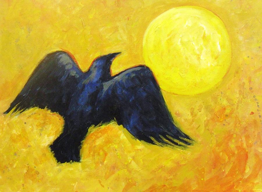Yellow Sky Raven Fly Away Painting by Carol Suzanne Niebuhr
