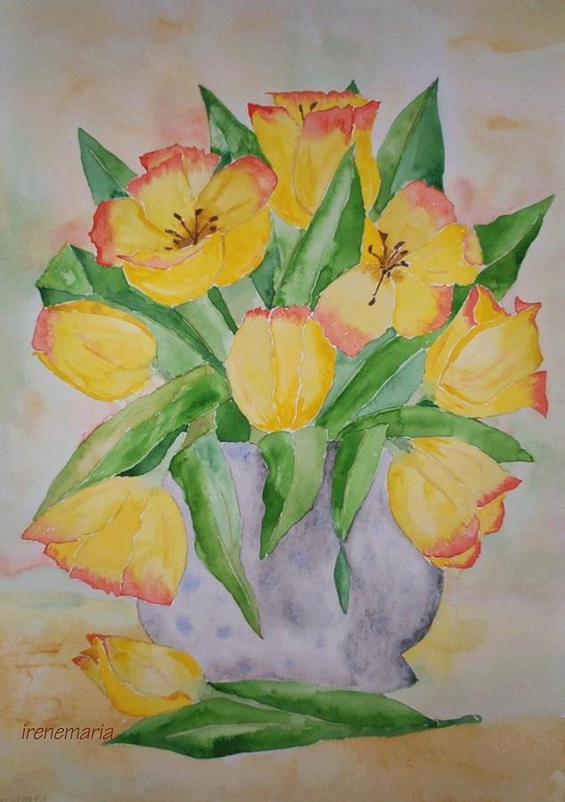 Tulip Flowers Painting - Yellow spring Tulips by Irenemaria