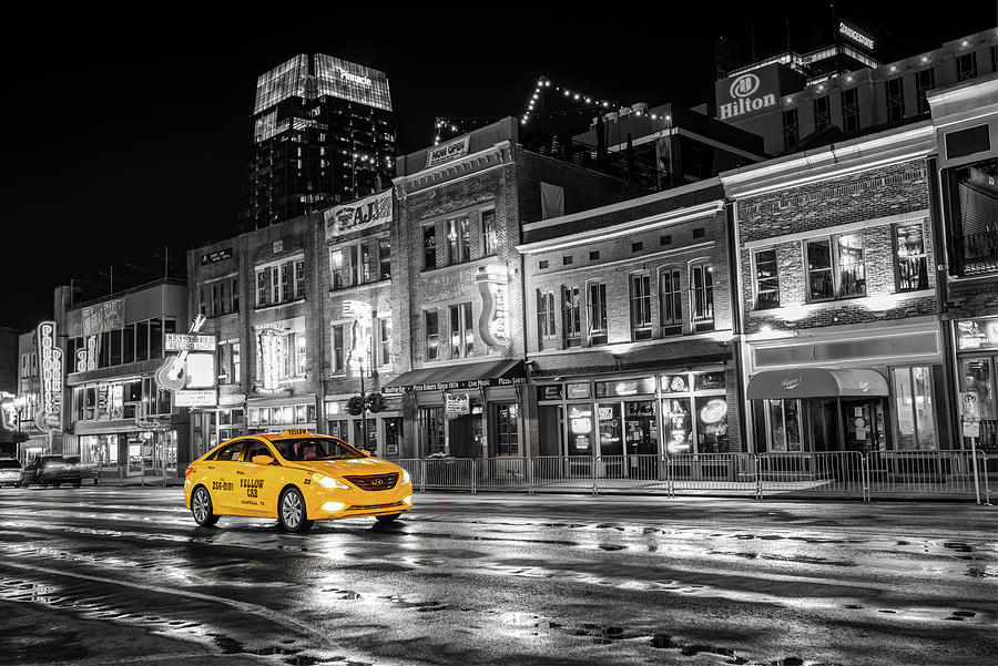 Nashville Photograph - Yellow Taxi Cab on Lower Broadway - Nashville Tennessee by Gregory Ballos