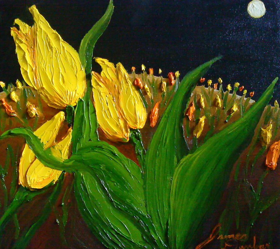 Tulip Painting - Yellow Tulips By Moon Light by James Dunbar