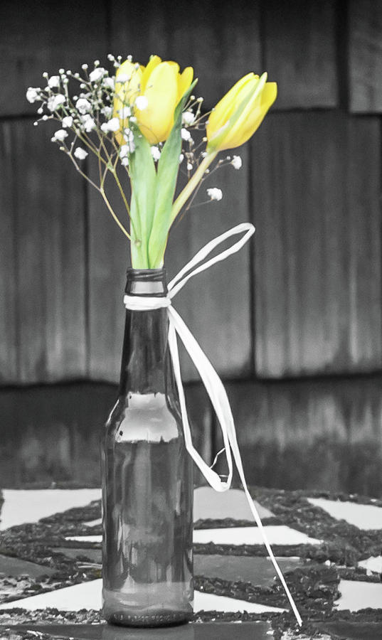 Yellow Tulips in Glass Bottle Photograph by Terry DeLuco