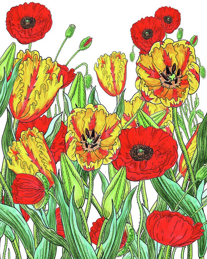 Yellow Tulips Red Poppies Watercolor Garden Painting