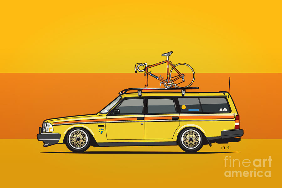 Yellow Volvo 245 Wagon With Roof Rack and Vintage Bicycle Mixed Media by To...