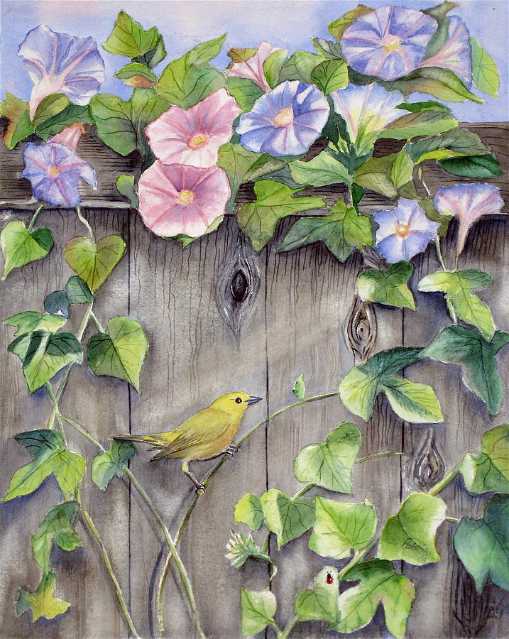 Nature Painting - Yellow warbler and morning glory by Patricia Pushaw