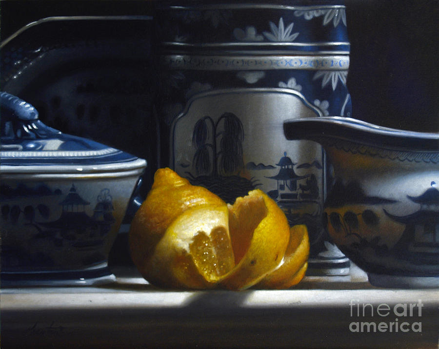Lemon Painting - Yellow White Blue by Lawrence Preston