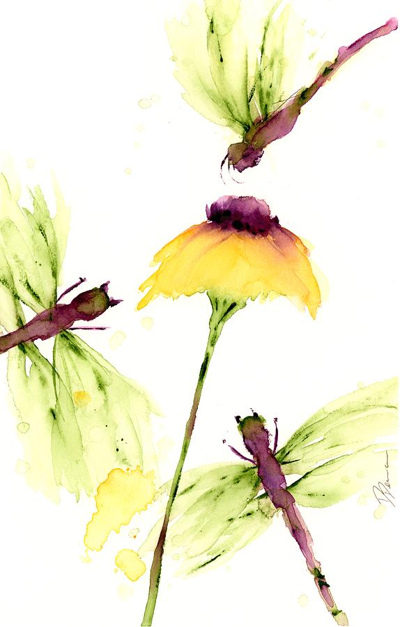 Yellow Wildflower and Dragonflies Painting by Dawn Derman