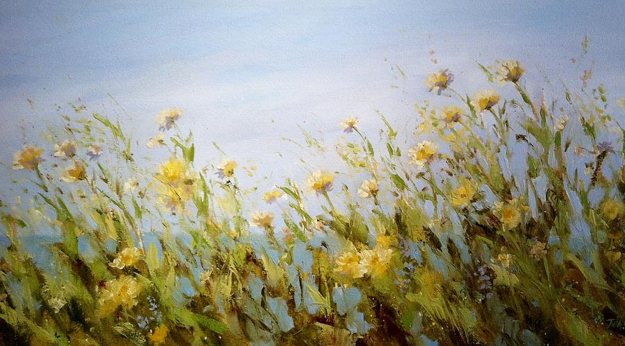 Beach Painting - Yellow Wildflowers by the Beach by Tina Obrien