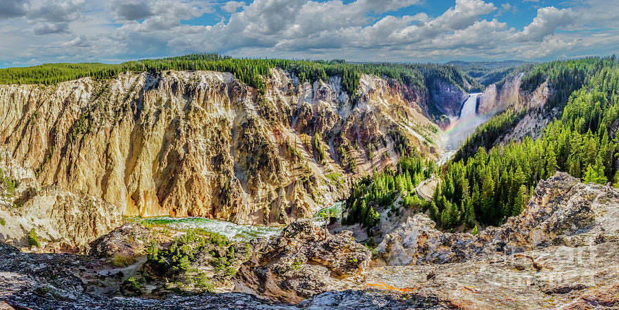 Lower Falls of Yellowstone Canyon Panorama Photograph by Karen Jorstad