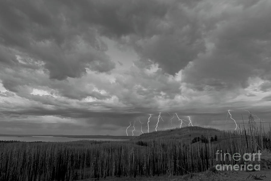 Yellowstone Lightning Storm-BW-Signed-#7315 Photograph by J L Woody Wooden