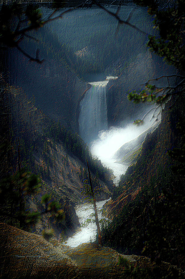 Yellowstone Park August At Artist Point Lower Falls Vertical Textured 01 Photograph by Thomas Woolworth