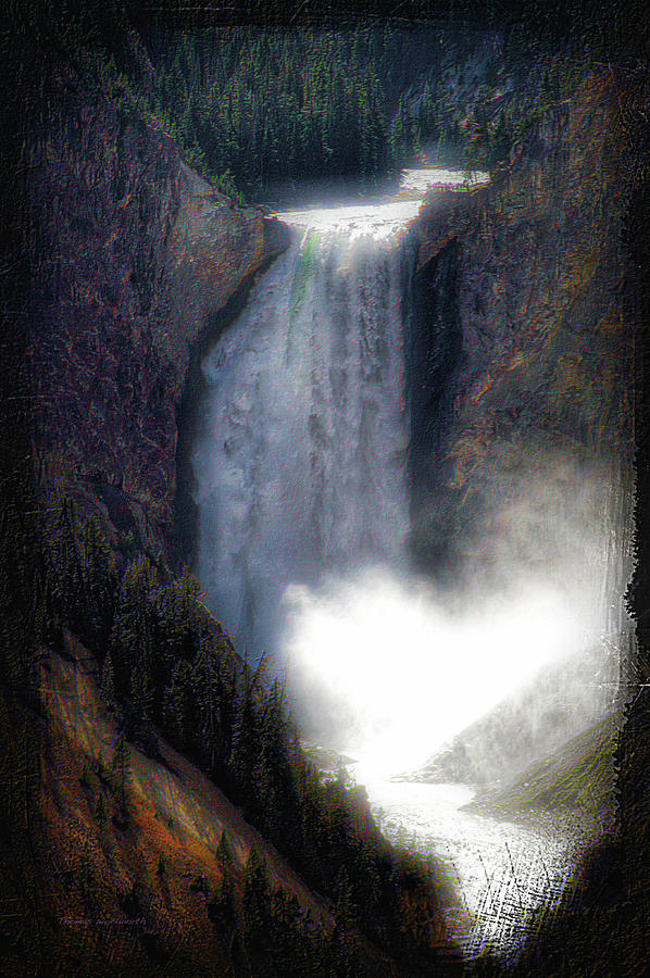 Yellowstone Park August At Artist Point Lower Falls Vertical Textured 02 Photograph by Thomas Woolworth