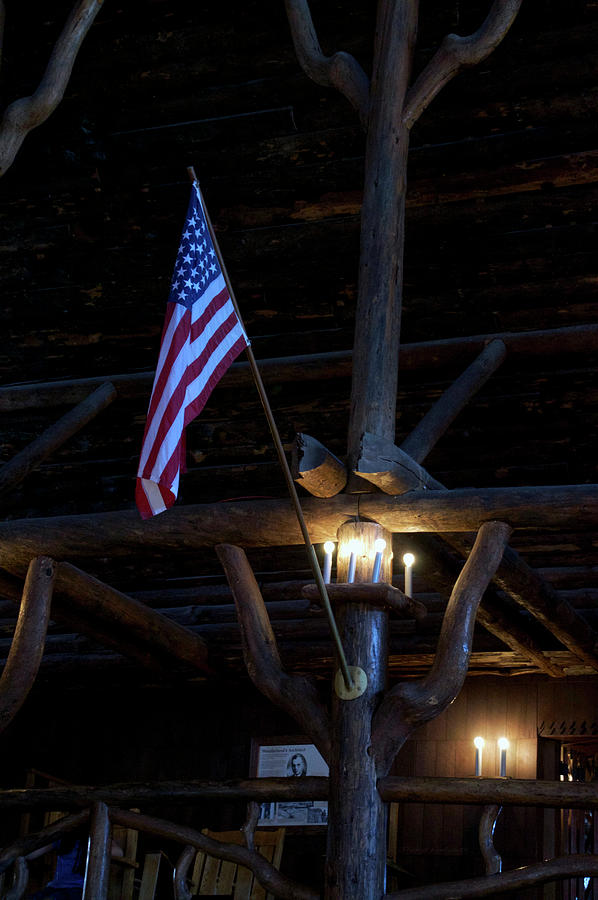 Yellowstone Park Old Faithful Inn USA Flag Photograph by Thomas Woolworth