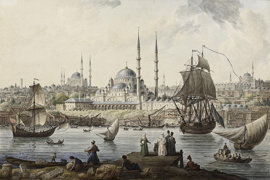 Yeni Camii and The Port of istanbul Painting by Jean-Baptiste Hilair