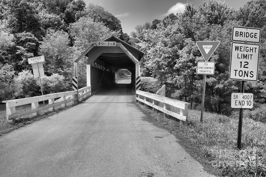 Yield At The Herline Covered Bridge Black And White Photograph by Adam Jewell