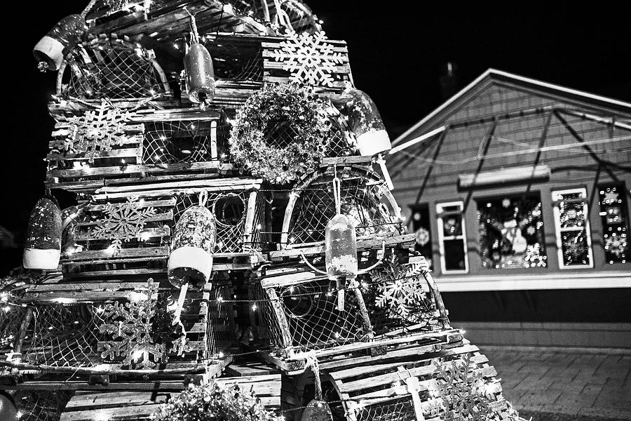York ME Lobster Trap Lighthouse Cape Neddick Nubble Maine Black and White Photograph by Toby McGuire