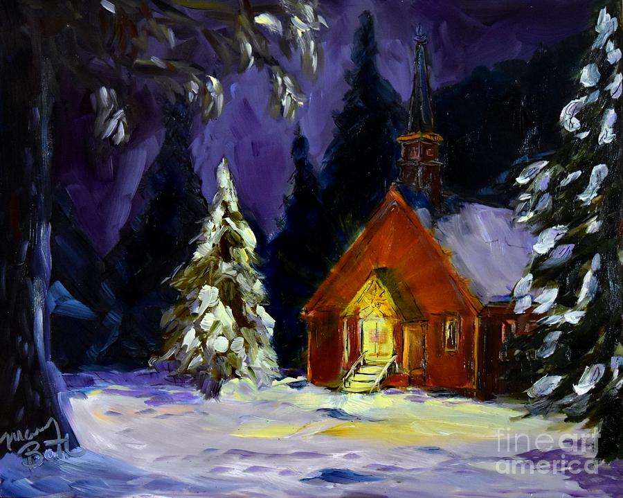 Yosemite Church on a Snowy Night Painting by Mary Beth Harrison