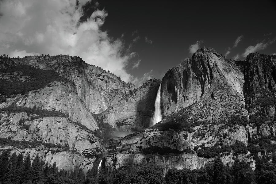 Yosemite Falls from Cooks Meadow in Black and White Photograph by Raymond Salani III