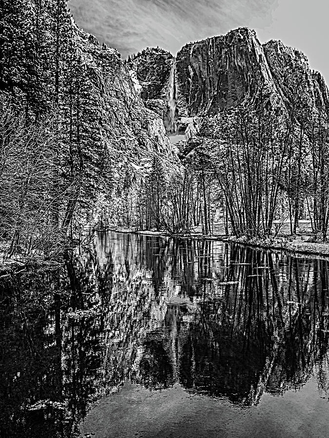 Yosemite Falls From the Swinging Bridge in Black and White Photograph by Bill Gallagher