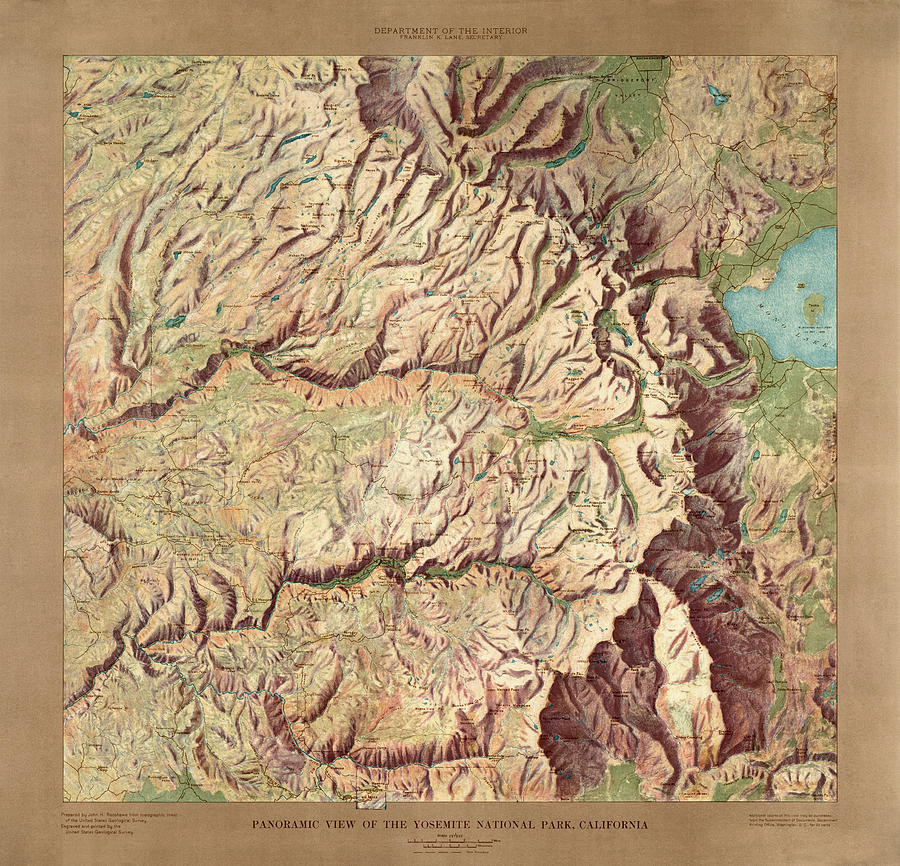 Yosemite National Park Map by the US Geological Survey - 1914 Drawing by Blue Monocle