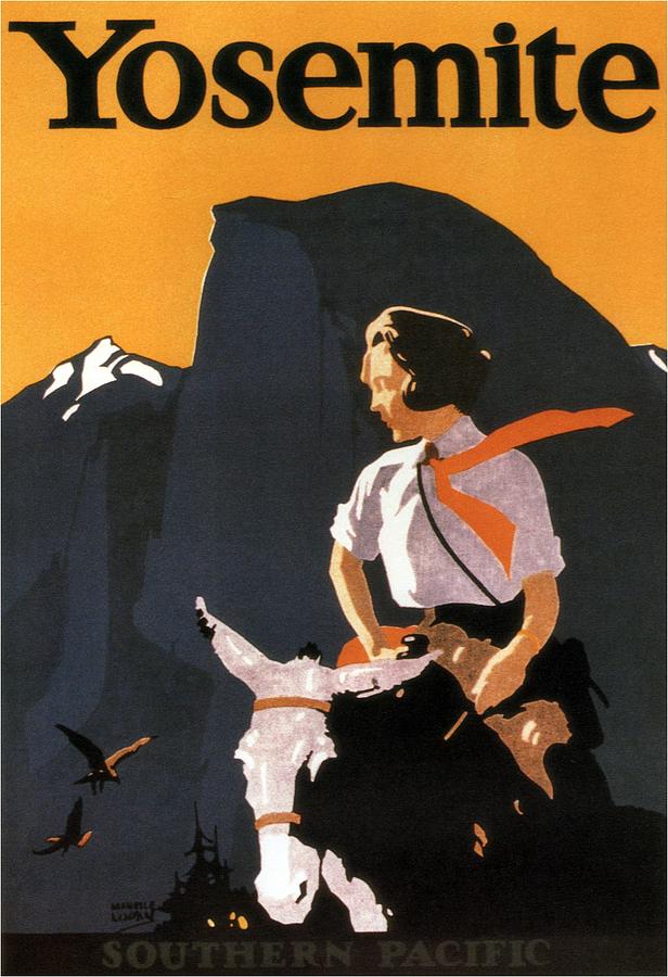 Yosemite National Park Mixed Media - Yosemite - Southern Pacific - Woman on Horseback - Retro travel Poster - Vintage Poster by Studio Grafiikka
