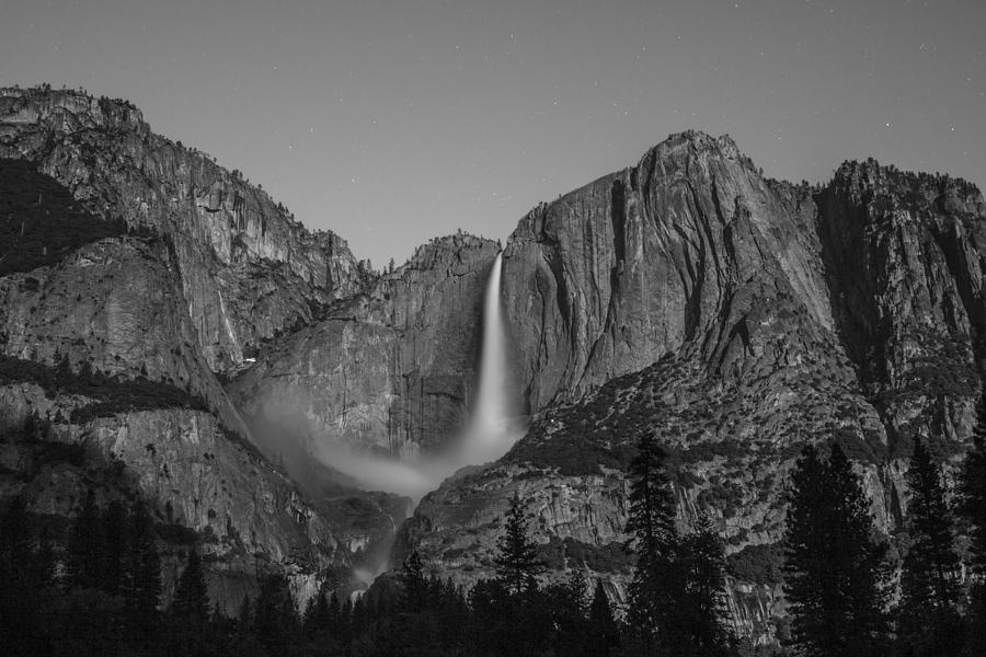 Yosemite Waterfall at Night Black and White  Photograph by John McGraw