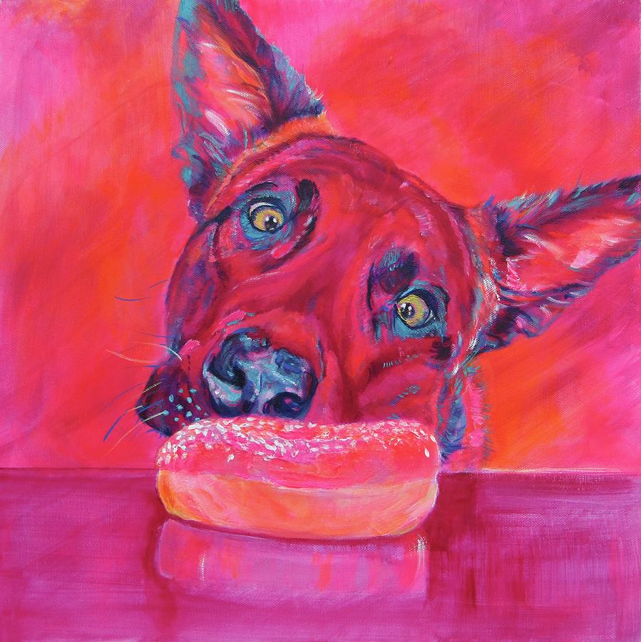 Dog and pink donut Painting by Karin McCombe Jones