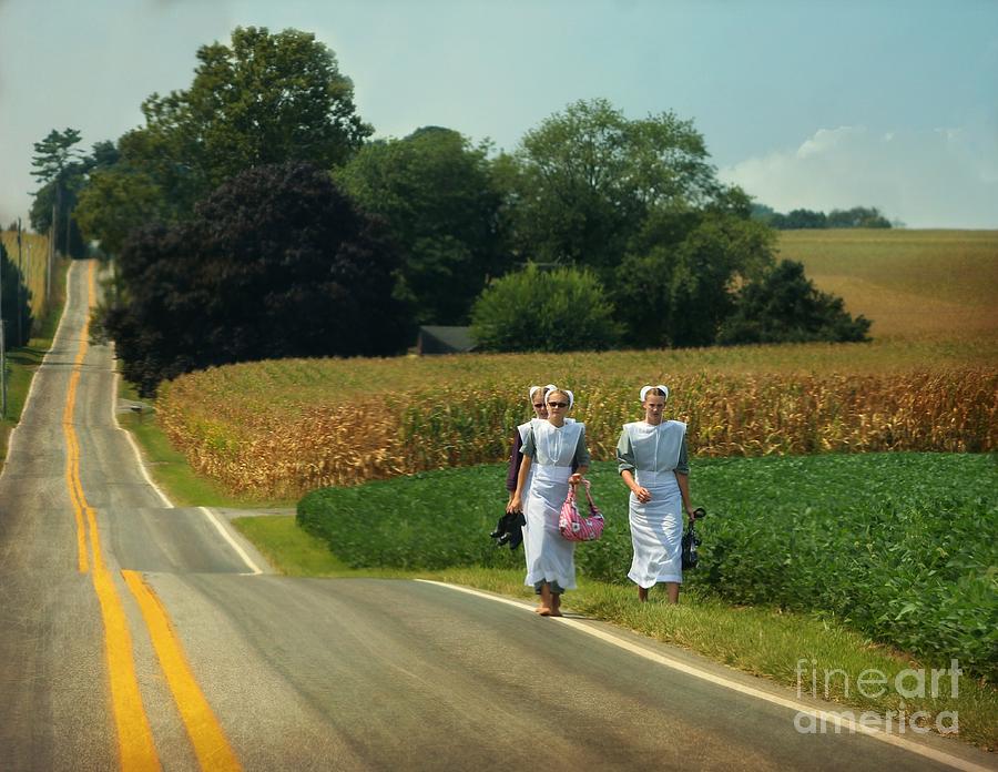 Amish Photograph - Young Amish Woman Barefoot Stroll by Beth Ferris Sale