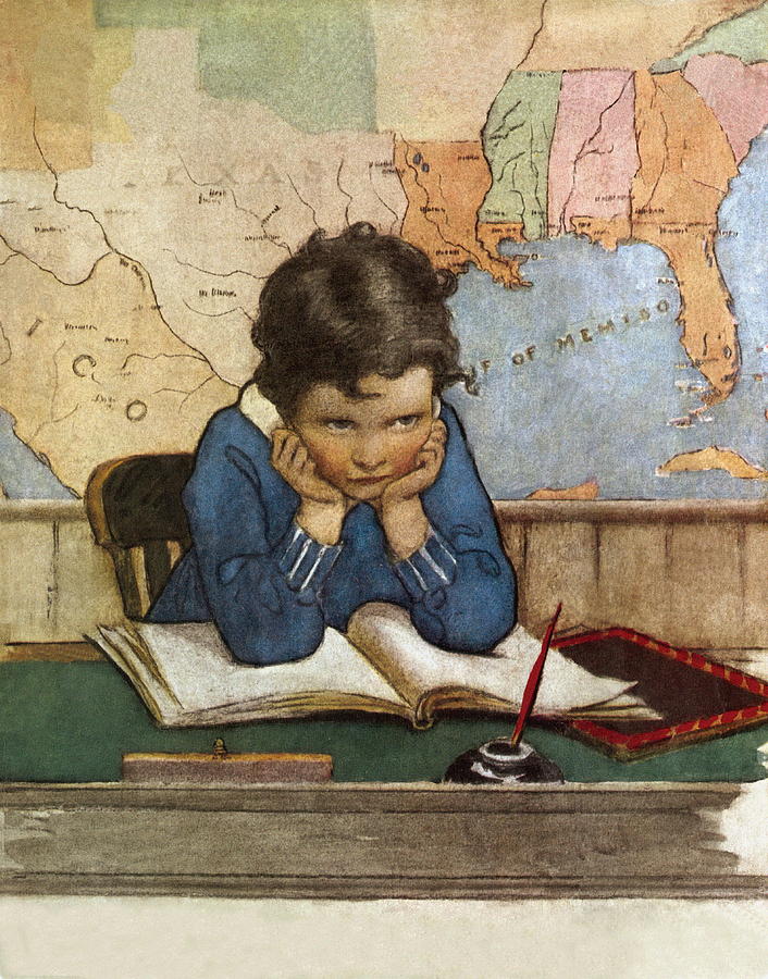 Young Boy Day Dreaming At A School Desk Painting by Jessie Willcox ...