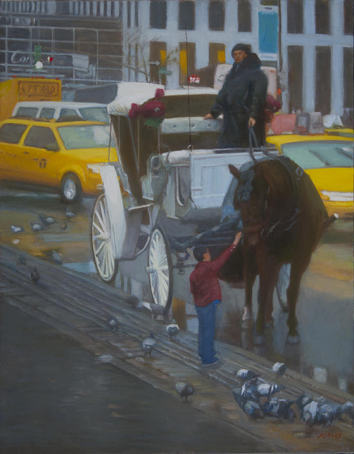 Central Park Painting - Young Boy Petting Horse on 58th Street by Walter Lynn Mosley