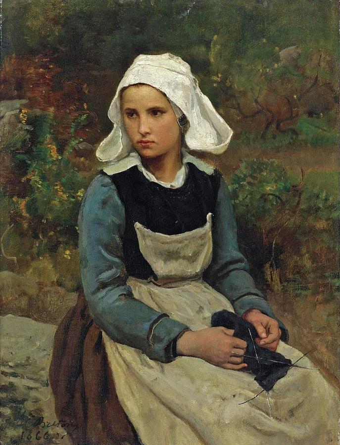 Young Brittany Girl Knitting Painting by Auguste Pinchart