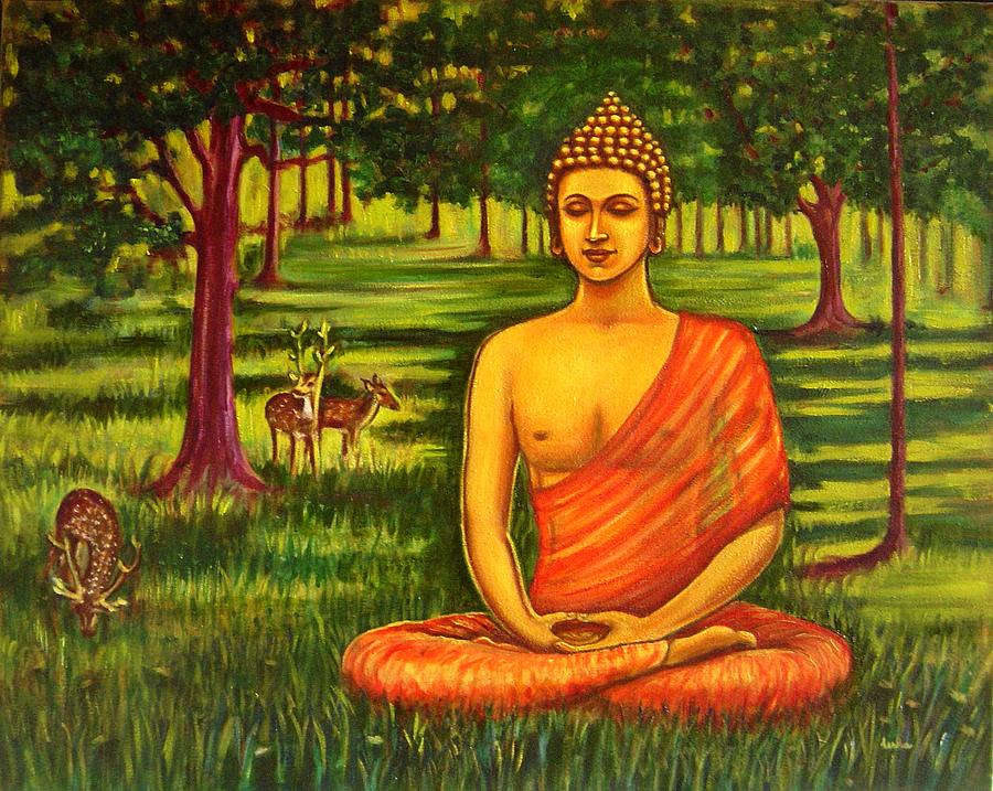 Buddha Painting - Young Buddha meditating in the forest by Usha Shantharam