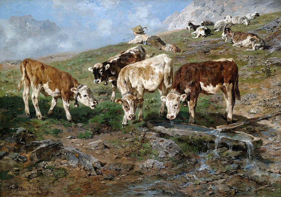 Young Cattle at the Klausen Pass Painting by Anton Braith