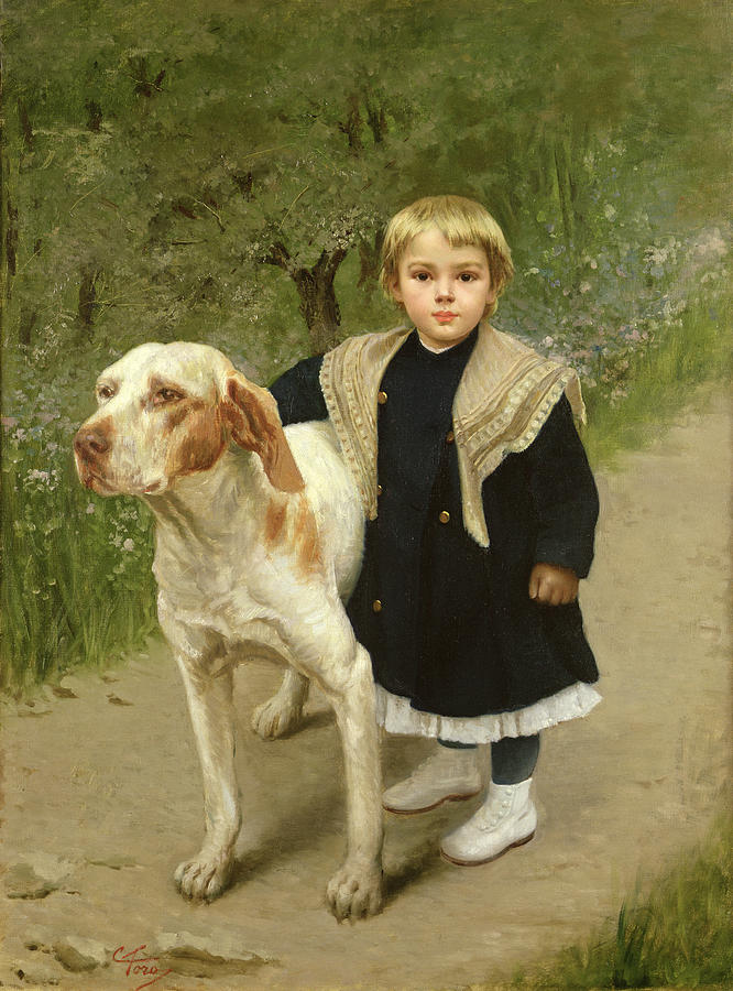 Portrait Painting - Young Child and a Big Dog by Luigi Toro