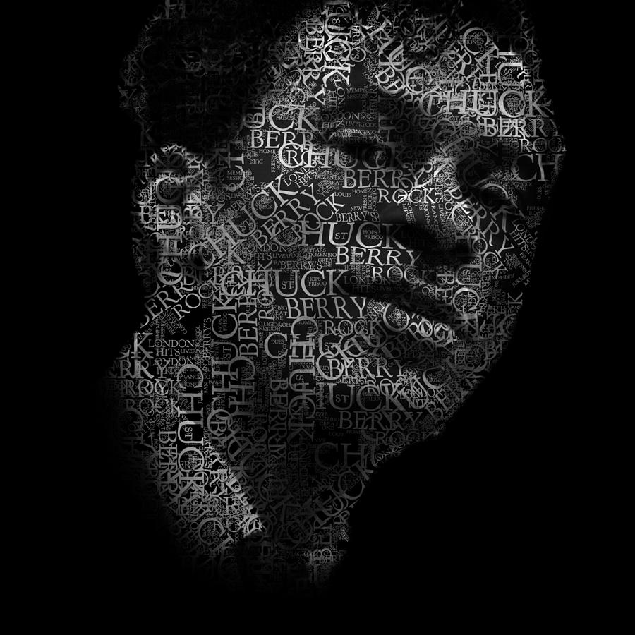 Chuck Berry Photograph - Young Chuck Berry Text Portrait - Typographic face poster with the name of Chuck Berry albums by SP JE Art