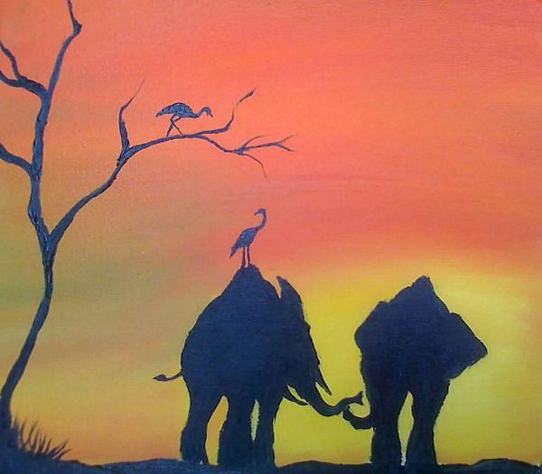 Young Elephants At Sunset Painting by James Dunbar