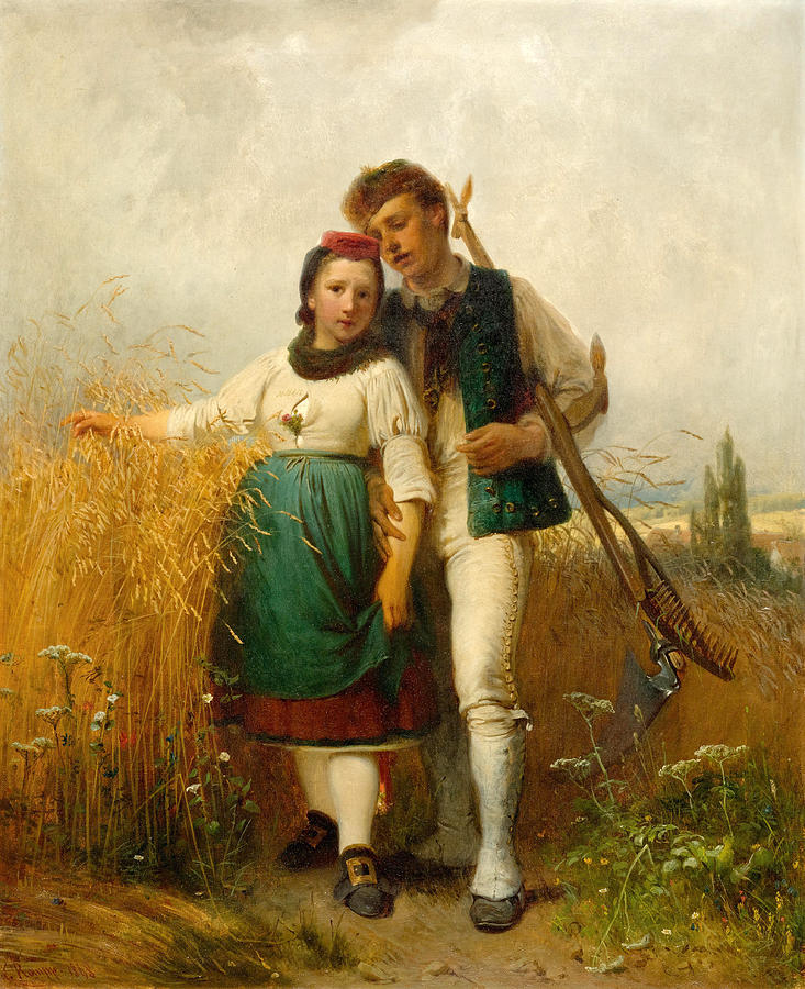 Young farming couple at the edge of a field Painting by Karl Raupp