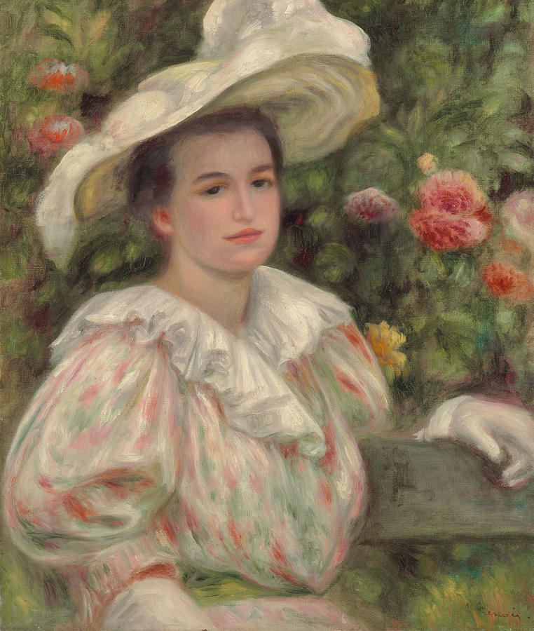 Young Girl Amongst Flowers or Woman with White Hat Painting by Pierre ...