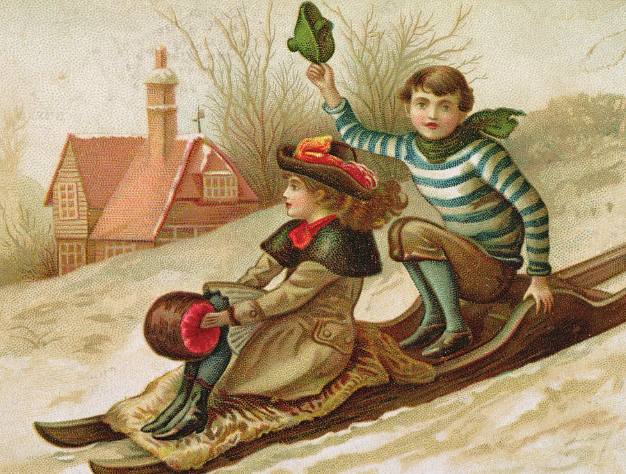 Young Girl and Boy Tobogganing, Victorian Christmas and New Year card ...